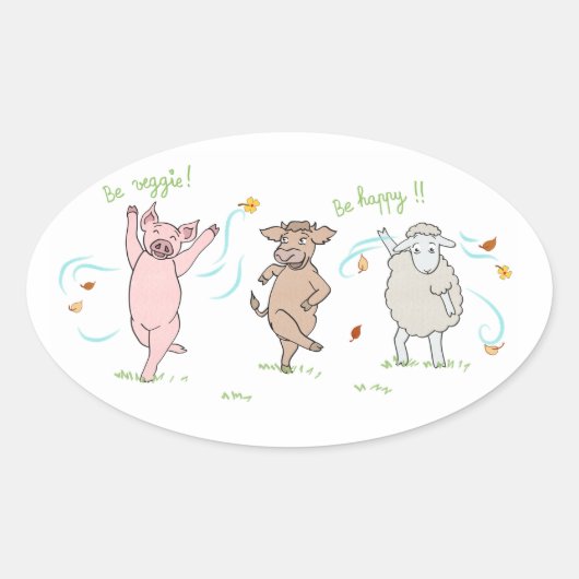 Vegansticker: varken, koeien en schapen ovale sticker (Voorkant)