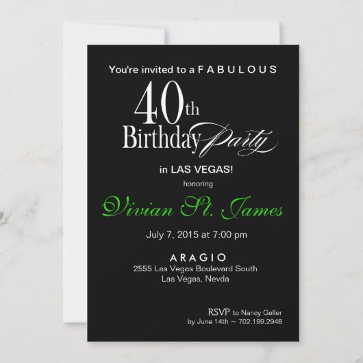Vegas Art Deco Swank 40th Birthday green black Kaart (Achterkant)