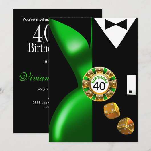 Vegas Art Deco Swank 40th Birthday green black Kaart (Voorkant / Achterkant)
