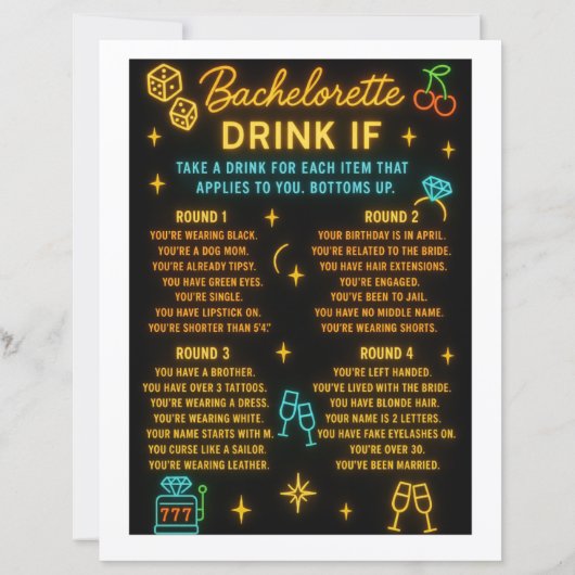 Vegas Bachelorette Party Drink Game-Take a Sip If (Achterkant)