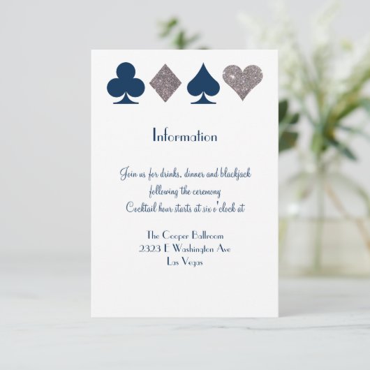 Vegas Bruiloft Navy Blue Silver Extra info Kaart (Staand voorkant)