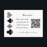Vegas Bruiloft Zwart en Zilver QR Code Informatie Informatiekaartje<br><div class="desc">Deze trouwuitnodiging suite bijlagekaart is perfect voor een Las Vegas viering en beschikt over faux zilver glitter en zwarte kaart pak symbolen op een witte achtergrond met volledig gepersonaliseerde tekst en scannable QR-code. Of het nu gaat om een fancy bruiloft of een simpele vlucht, alles wat je nodig hebt is...</div>
