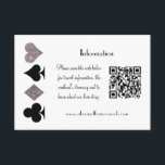 Vegas Bruiloft Zwart en Zilver QR Code Informatie Informatiekaartje<br><div class="desc">Deze trouwuitnodiging suite bijlagekaart is perfect voor een Las Vegas viering en beschikt over faux zilver glitter en zwarte kaart pak symbolen op een witte achtergrond met volledig gepersonaliseerde tekst en scannable QR-code. Of het nu gaat om een fancy bruiloft of een simpele vlucht, alles wat je nodig hebt is...</div>