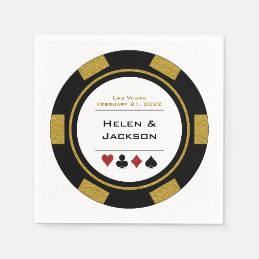 Vegas bruiloft zwart goud wit casino poker chip servet (Voorkant)
