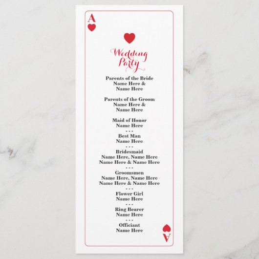 Vegas Casino Ace of Hearts Cards Huwelijksprogramm Programmakaart (Achterkant)