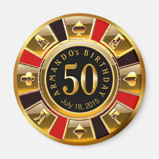Vegas Casino Chip 50e verjaardag | rood goud zwart Magneet (Voorkant)