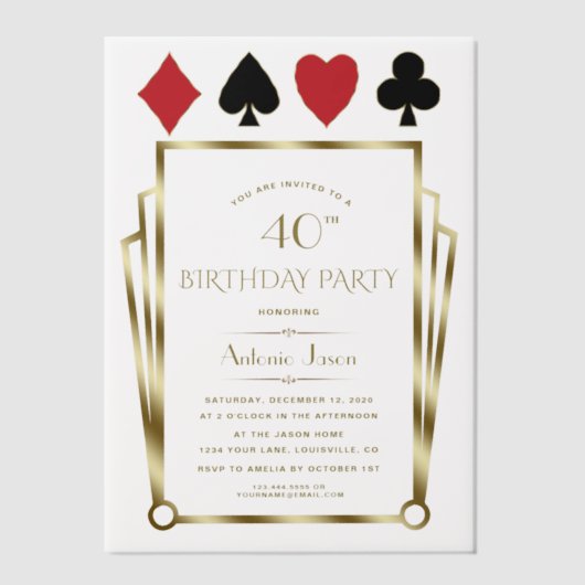 Vegas Casino Great Gatsby 40e verjaardag van poker Vellum Uitnodigingen (Voorkant)