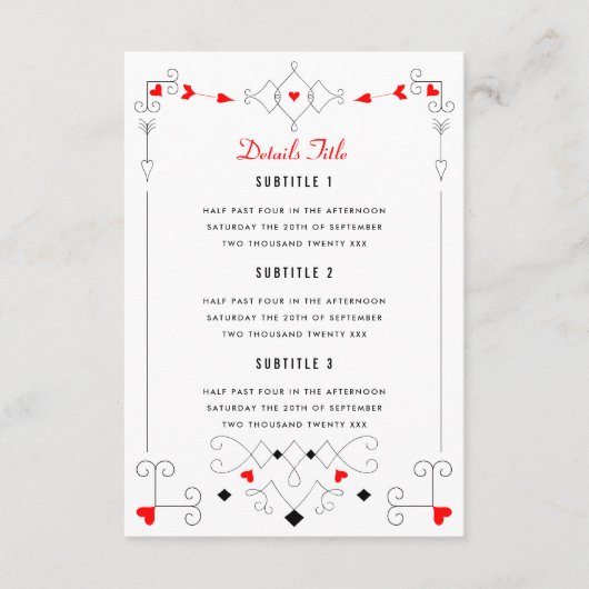 Vegas Cupid's Hearts Diamonds Wedding Details Informatiekaartje (Voorkant)