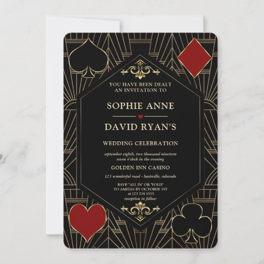 Vegas Gold Art Deco Casino QR Code Poker Wedding Kaart (Voorkant)