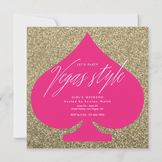 Vegas Gold Glitter Girly Bachelorette Party Kaart (Voorkant)