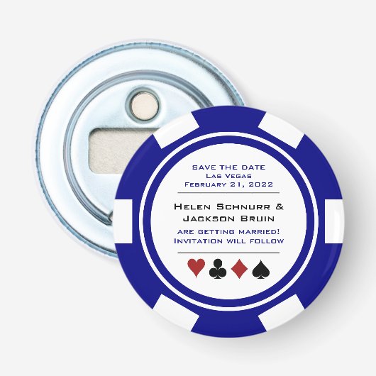 Vegas Navy Blue White Poker Chip Save the Date Button Flesopener (Voorkant)
