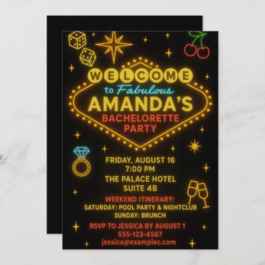 Vegas Neon Sign Bachelorette Party Invitation  Kaart (Voorkant / Achterkant)