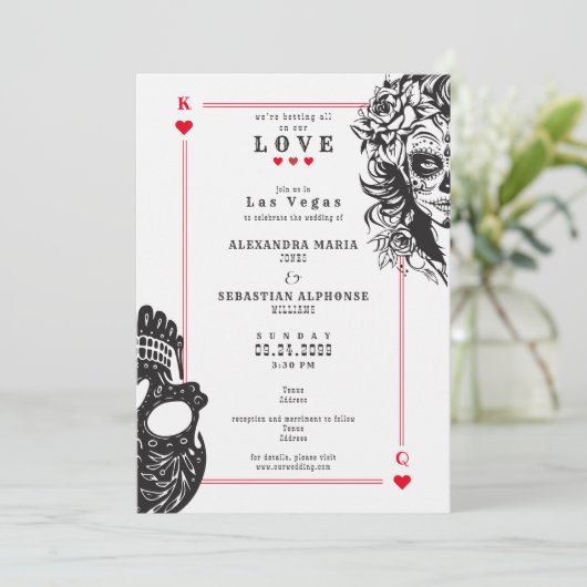 Vegas Speelkaarten Sugar Skull bruiloft uitnodigin Kaart (Staand voorkant)