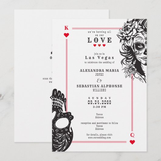 Vegas Speelkaarten Sugar Skull bruiloft uitnodigin Kaart (Voorkant / Achterkant)