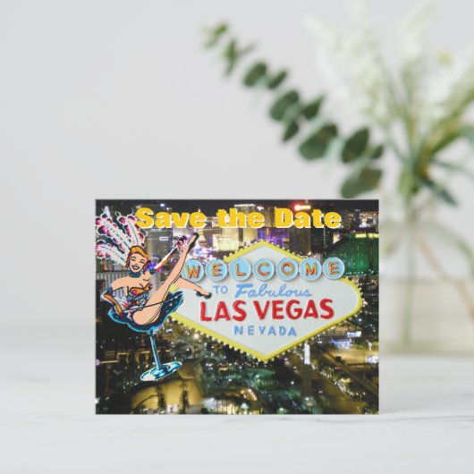 Vegas Strip Wedding Save the Date Showgirl Aankondigingskaart (Staand voorkant)
