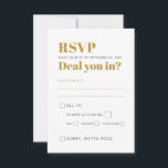 Vegas Wedding Party? Zwart en goud RSVP Kaartje<br><div class="desc">Een zwarte en gouden Las Vegas Wedding of Birthday Party-reactiekaart met een grappige kaart die tekst voor de rsvp-keuzes en een faux Gold "Welkom in Fabulous Las Vegas"-teken op de achterkant. Unieke typografische ontwerpcoördinaten met onze volledige casino- en vegas-stripsuite die beschikbaar is in de Papiergrafiekbestemmingen Zazzle Designer Store. De achtergrond...</div>
