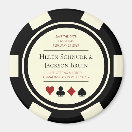 Vegas Wedding Save the Date Poker Chip Black Cream Magneet (Voorkant)
