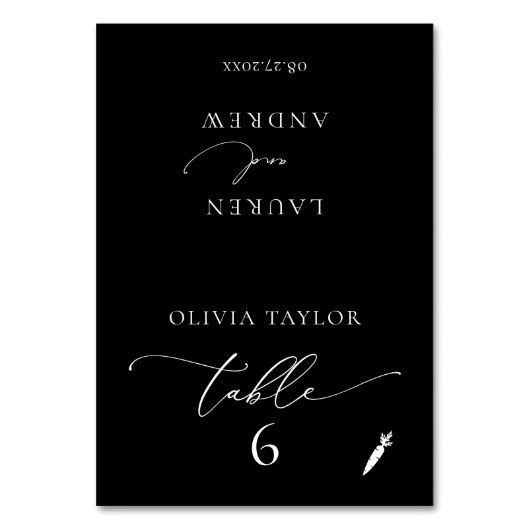 Vegetarisch Zwart Minimalistisch Bruiloft Tafelnum Kaart (Voorkant)