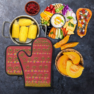 Veggie-kalkoenen en zonnebloemen rood ovenwant & pannenlap set