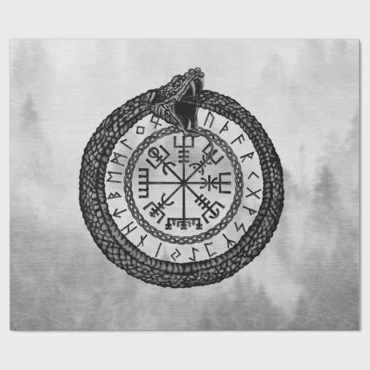 Vegvisir met Ouroboros en runes - grayscale Cadeaupapier (Vlak)