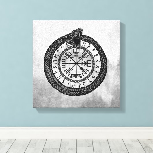 Vegvisir met Ouroboros en runes - grayscale Canvas Afdruk (Insitu (Houten vloer))