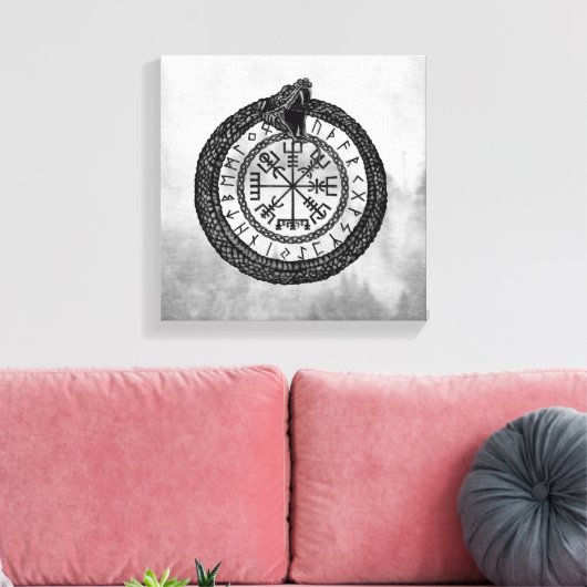 Vegvisir met Ouroboros en runes - grayscale Canvas Afdruk (Insitu (Woonkamer))