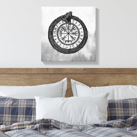 Vegvisir met Ouroboros en runes - grayscale Canvas Afdruk (Insitu (Slaapkamer))