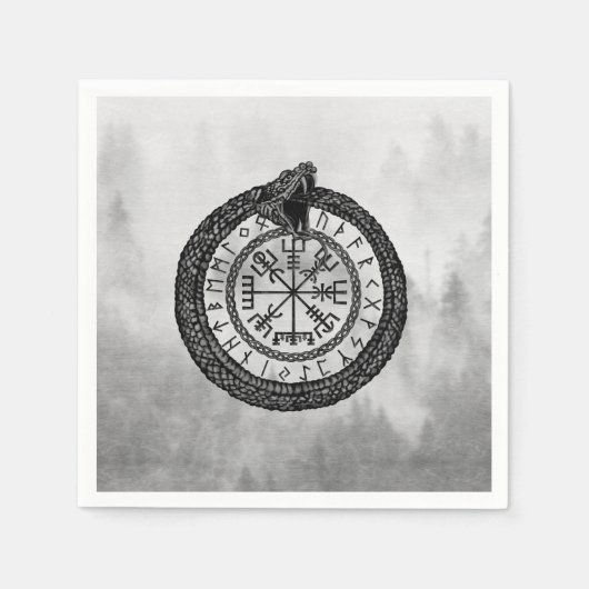 Vegvisir met Ouroboros en runes - grayscale Servet (Voorkant)