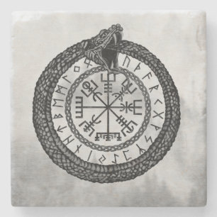 Vegvisir met Ouroboros en runes - grayscale Stenen Onderzetter