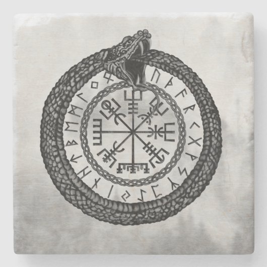 Vegvisir met Ouroboros en runes - grayscale Stenen Onderzetter (Voorkant)