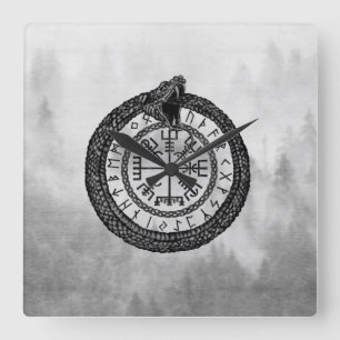 Vegvisir met Ouroboros en runes - grayscale Vierkante Klok