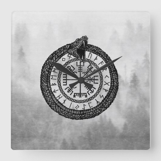Vegvisir met Ouroboros en runes - grayscale Vierkante Klok (Voorkant)