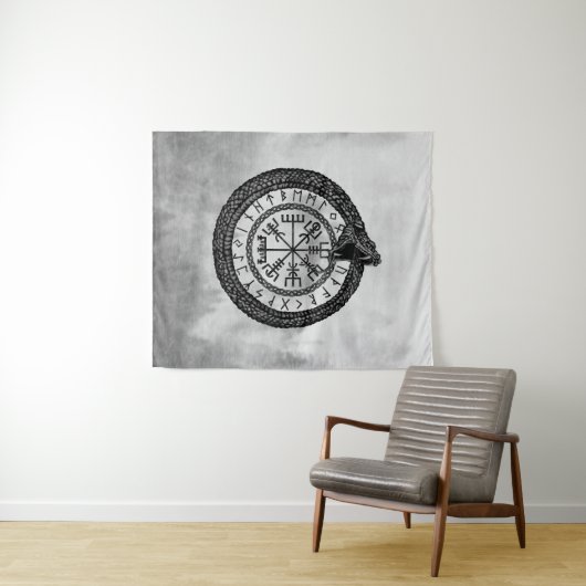 Vegvisir met Ouroboros en runes - grayscale Wandkleed (In Situ (horizontaal))