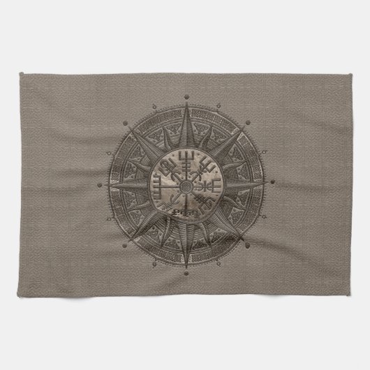 Vegvisir - Viking Compass - beige leder en goud Theedoek (Horizontaal)