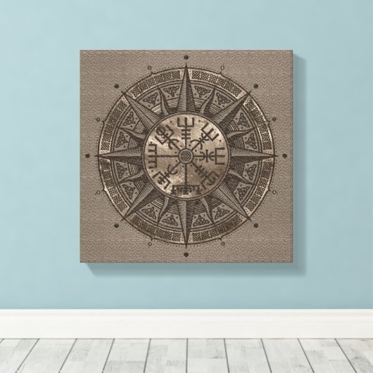 Vegvisir - Viking Compass - Beige leer en goud Canvas Afdruk (Insitu (Houten vloer))