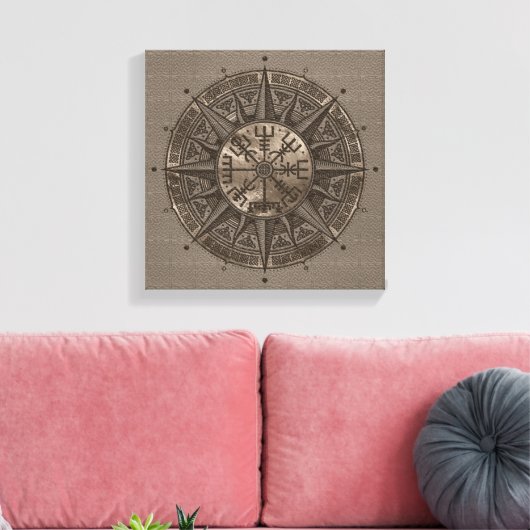 Vegvisir - Viking Compass - Beige leer en goud Canvas Afdruk (Insitu (Woonkamer))