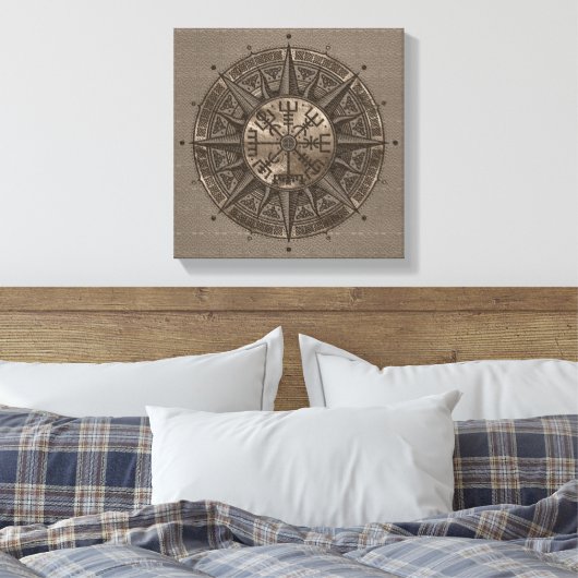 Vegvisir - Viking Compass - Beige leer en goud Canvas Afdruk (Insitu (Slaapkamer))
