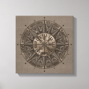 Vegvisir - Viking Compass - Beige leer en goud Canvas Afdruk