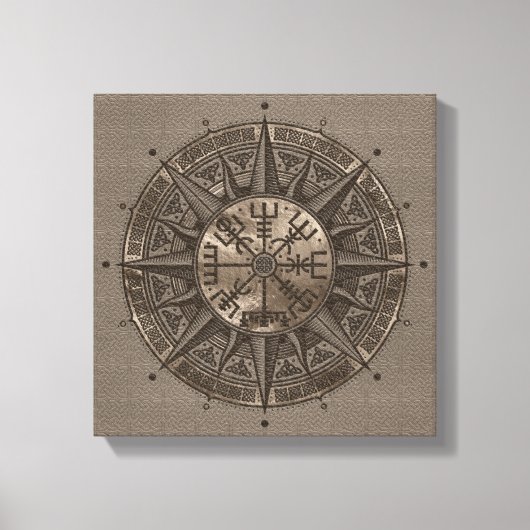 Vegvisir - Viking Compass - Beige leer en goud Canvas Afdruk (Voorkant)