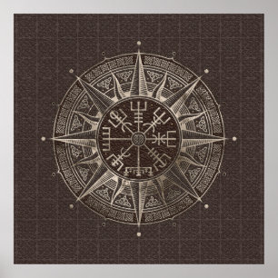 Vegvisir - Viking Compass - bruin leder en goud Poster