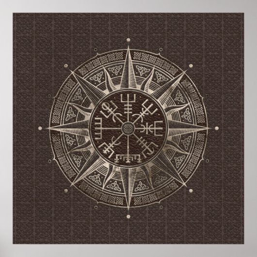 Vegvisir - Viking Compass - bruin leder en goud Poster (Voorkant)