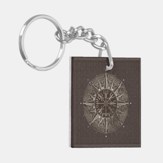 Vegvisir - Viking Compass - bruin leder en goud Sleutelhanger (Voorkant Links)