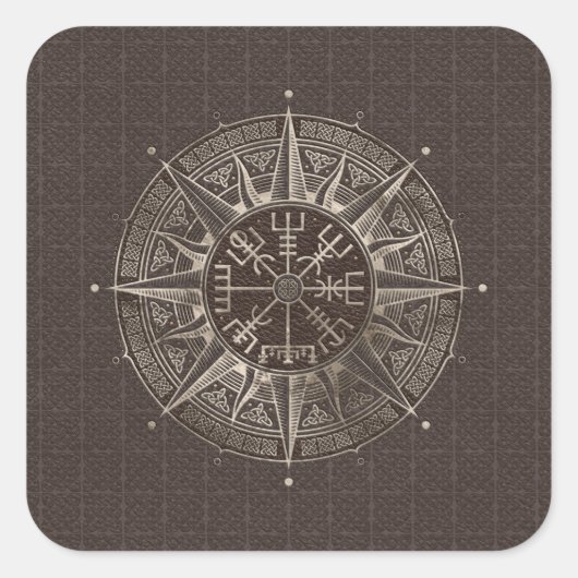 Vegvisir - Viking Compass - bruin leder en goud Vierkante Sticker (Voorkant)