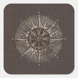 Vegvisir - Viking Compass - bruin leder en goud Vierkante Sticker