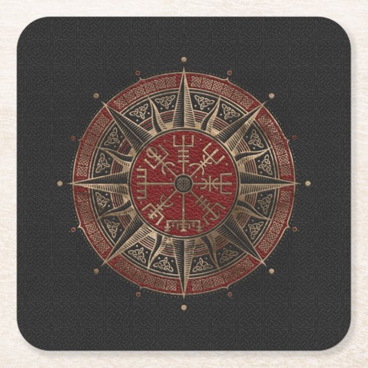 Vegvisir - Viking Compass - Zwart en rood leder Kartonnen Onderzetters (Voorkant)