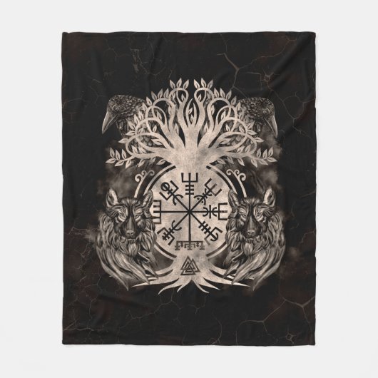 Vegvisir-Yggdrasil met Ravens en Wolven Fleece Deken (Voorkant)