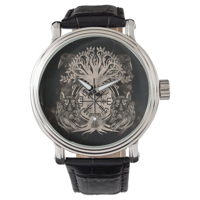 Vegvisir-Yggdrasil met Ravens en Wolven Horloge (Voorkant)