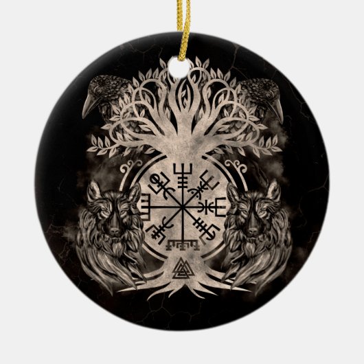 Vegvisir-Yggdrasil met Ravens en Wolven Keramisch Ornament (Voorkant)