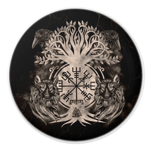 Vegvisir-Yggdrasil met Ravens en Wolven Keramische Knop (Voorkant)
