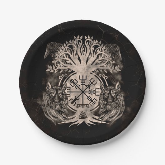 Vegvisir-Yggdrasil met Ravens en Wolven Papieren Bordje (Voorkant)